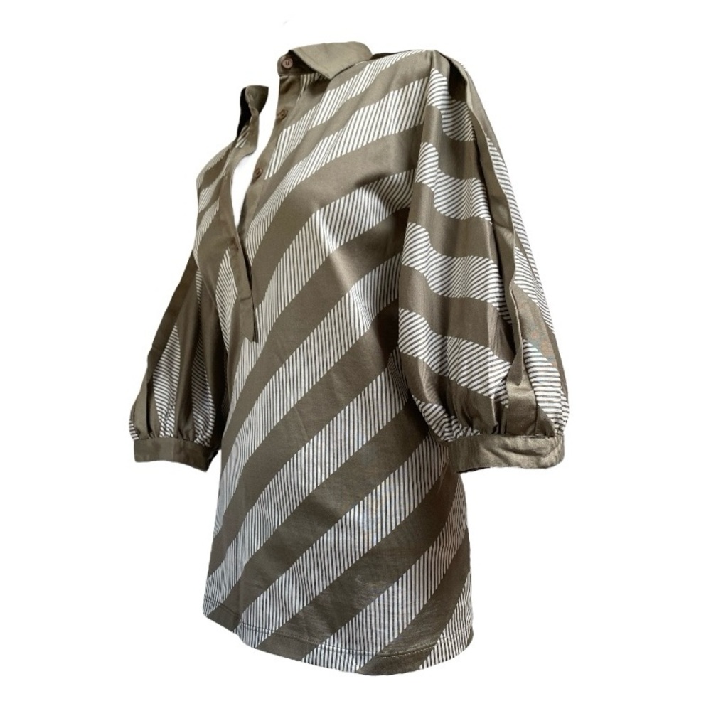 AKRIS VINTAGE / PUFFY SLEEVE TOP / TAUPE STRIPED / SZ 44 / MADE IN SWITZERLAND